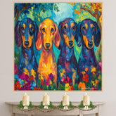 Colorful Dachshund Canvas – Van Gogh-Inspired Oil Painting of Four Dogs in a Lush Floral Garden on Ready to Hang 1.5" Thick Canvas Wrap, Floating Framed Canvas, Flat Rolled Canvas